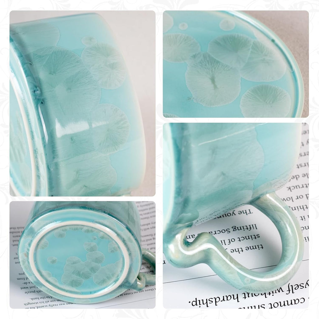 KAMMAK Tea Cups and Saucers Set of 2, Porcelain Coffee Cups, 7.5oz Crystalline Glaze Espresso Mugs, Ceramic Demitasse for Coffee, Cappuccino, Latte, Americano, Tea (Light green + Light blue)