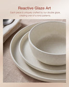 Famiware Milkyway Stoneware Dinnerware Sets with Pasta Bowls, Service for 6 (24 Pieces), Reactive Glaze Plates and Bowls Sets, Microwave and Dishwasher Safe Dishes Set, Matte Beige White