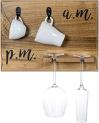 MyGift Premium Solid Acacia Wood Wall Mounted Mug and Wine Glass Holder Rack – Rustic Coffee and Wine Bar Organizer with Cursive A.M. / P.M. Design
