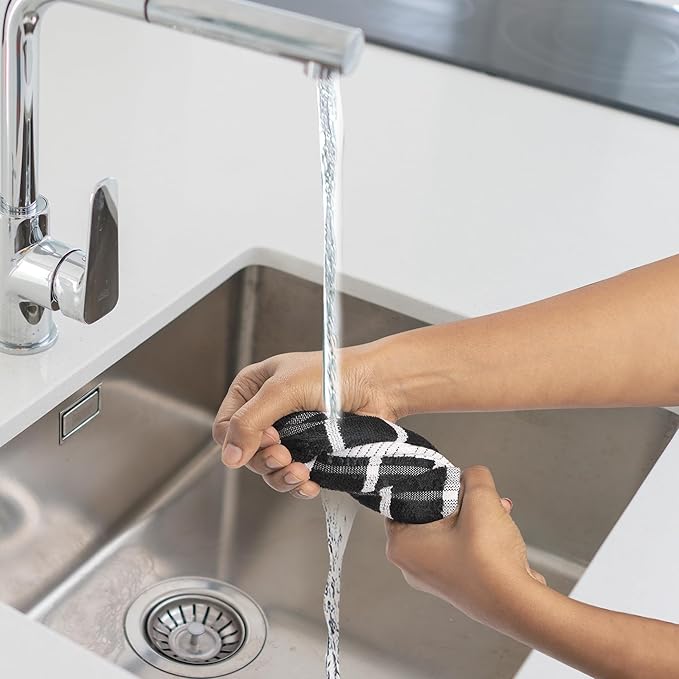 Urban Villa Dish Cloths Terry Cotton Pack of 6, Highly Absorbent Quick Drying Super Soft Premium Dish Towels for Kitchen with Hanging Loop Hand & Tea Towels - 12x12 Inch, (Black & White, Checks)