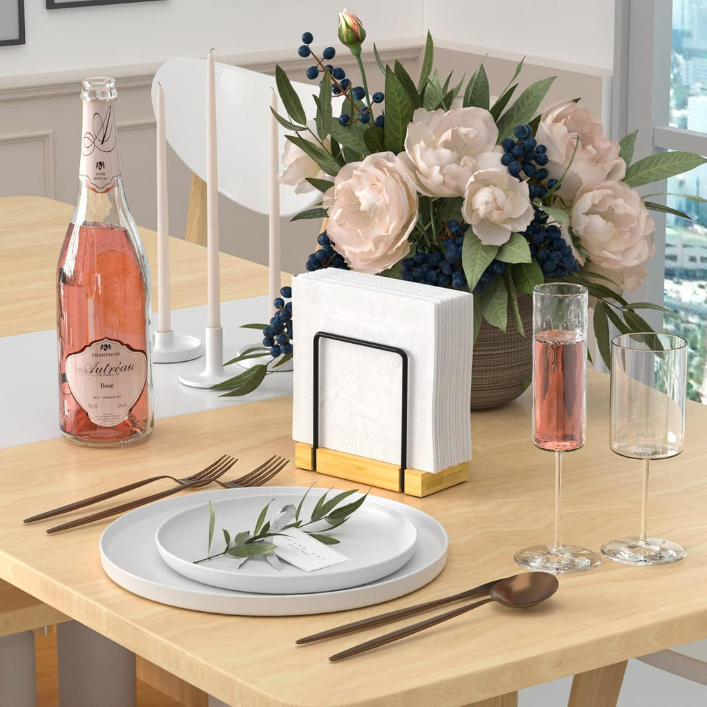 Napkin Holder for Table, Bamboo Iron Standing Napkin Dispenser for Kitchen Dining Table Farmhouse Cocktail Picnic Rustic Wood Holders for Mail Bills Suitable for All Dining Room Decors Black & Yellow