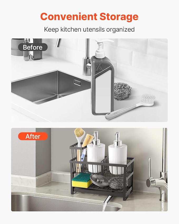 VEVOR Kitchen Sink Caddy Organizer, 2 Tier Sponge Holder for Kitchen Sink with High Brush Holder & Divider, Storage Rack with Rotatable Drainage Spout, Countertop Organizers and Storage Essentials