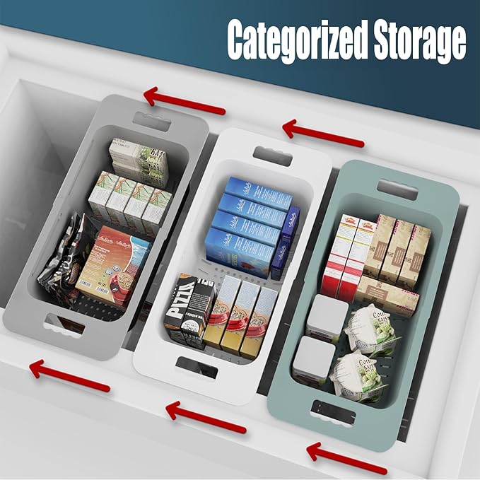 Yatmung Deep Freezer Organizer Bins Expandable - Freezer Baskets for Chest Freezer Adjustable - Freezer Storage Bins with Handle - Freezer Organization Accessories for Kitchen -Green, 2-PACK