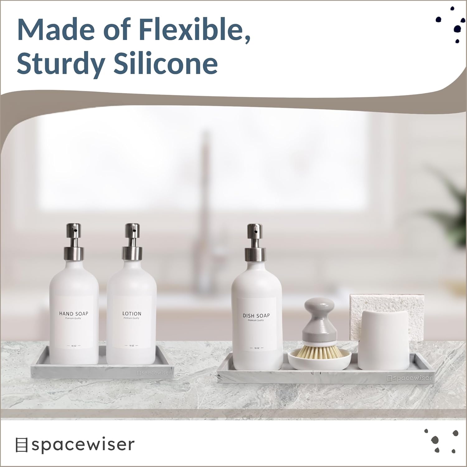 Countertop and Vanity Tray - 2 PC (11” and 7”) Shatterproof Silicone Kitchen and Bathroom Trays for Counter, Kitchen Soap Dispenser Tray, Vanity Trays for Bathroom, Perfume Key Tray