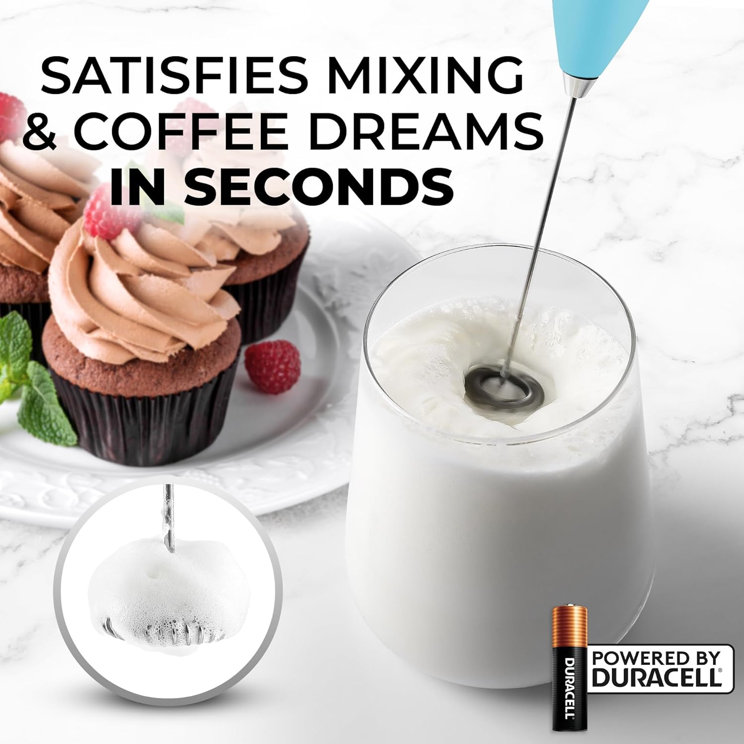 Zulay Powerful Milk Frother (4 Duracell Batteries Included) - Handheld Milk Frother Wand Drink Mixer for Coffee - Powerful Milk Foamer for Cappuccino, Frappe, Matcha & Coffee Creamer - Fresh Mint