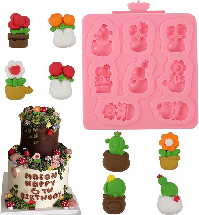 1 Pcs Mini Cactus Silicone Mold, Cartoon Flower Plant Potted Fondant Mold for Cupcake Topping Candy Chocolate Biscuit Chewing Gum Resin Clay Resin Reusable Kitchen Baking Supplies