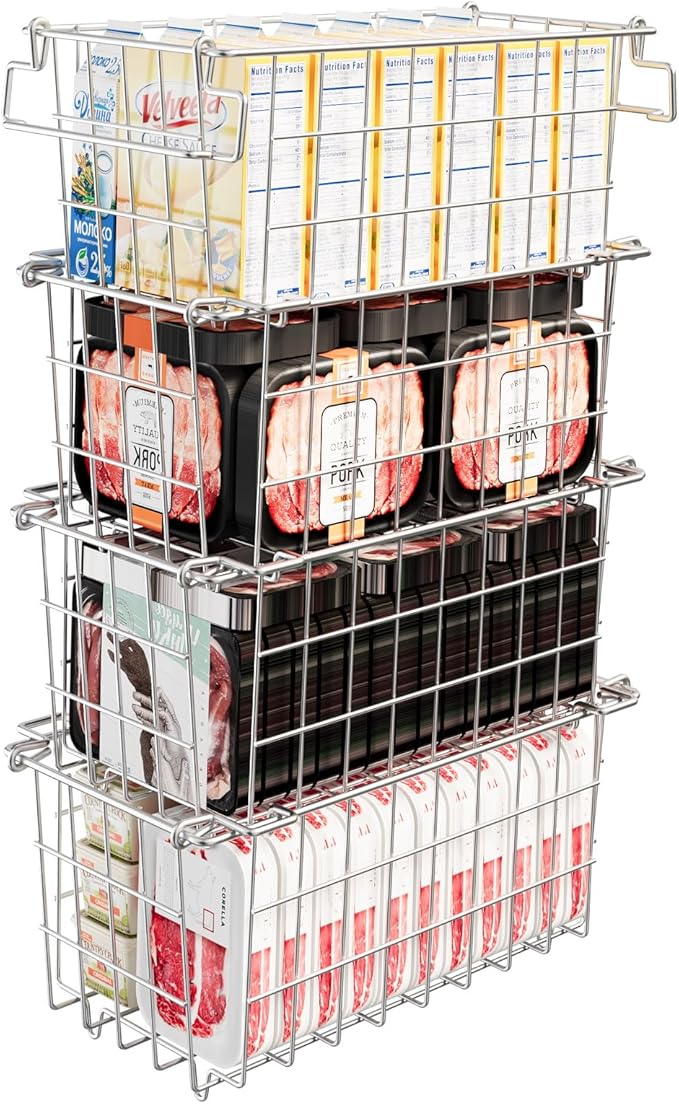 Freezer Organizer Bins - Fit 10 to 20 Cu.FT Deep Freezer, Stackable Chest Freezer Organizer Sort Frozen Food and Easily Get with Handle, 4 Pack Chest Freezer Bins