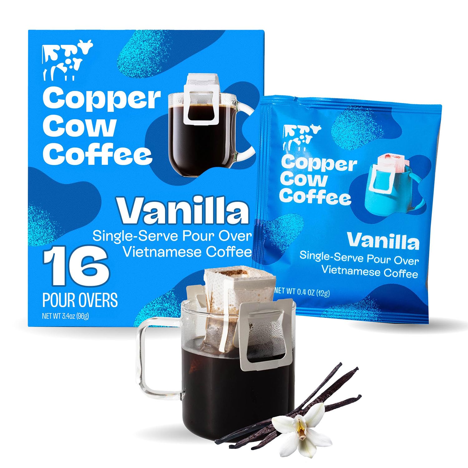 Copper Cow Premium Pour Over Single-Serve Vietnamese Coffee | Vanilla | Dark Roast | Flavored with Vanilla Beans | Includes 16 Coffees