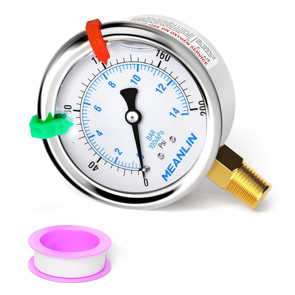 MEANLIN MEASURE 0~200Psi Liquid Filled Pressure Gauge 1/4" NPT 2.5" FACE DIAL Stainless Steel Glycerin Filled WOG Water Oil Air Lower Mount (with 2PCS Snaps)