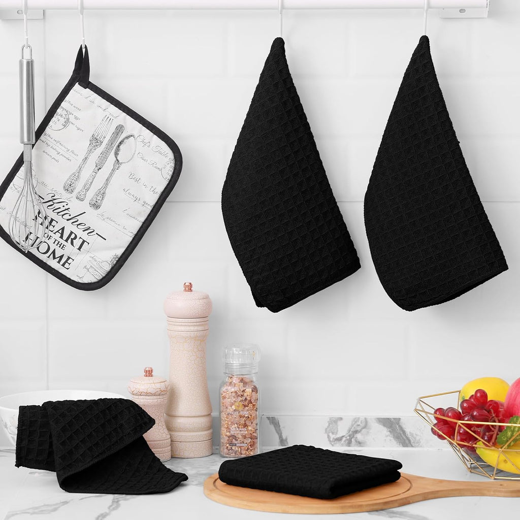 Homaxy Microfiber Waffle Weave Kitchen Dish Cloths, 12 x 12 Inch Ultra Absorbent and Solid Color Dish Towels for Kitchen Fast Drying Dishcloth for Washing Dishes, 8 Pack, Black