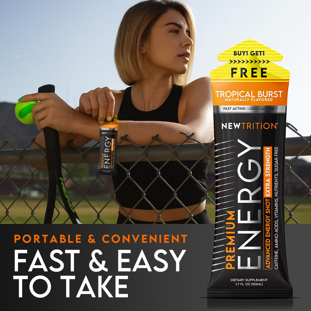 NewTrition® Extra Strength Energy Shots, 250mg Caffeine Energy Shots with Vitamin B & Amino Acids, Sugar-Free Vitamin Energy Shot, 1.7 fl oz (Pack of 24, Tropical Burst)
