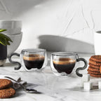 ecooe 4.4 Oz Black Cute Cat Double Wall Glasses Espresso Cups Set of 2, Demitasse Cups, Espresso Shots Coffee Cups Birthday Christmas Gifts for Women,Men, Mum, Kids, 130 ml (full capacity)