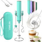 Milk Frother Handheld with 3 Stainless Steel Whisks, Rechargeable Electric Drink Mixer with Stand & Travel Case, Milk Foamer for Coffee, Latte, Cappuccino, Hot Chocolate, Egg,Jam Supplement-Mint