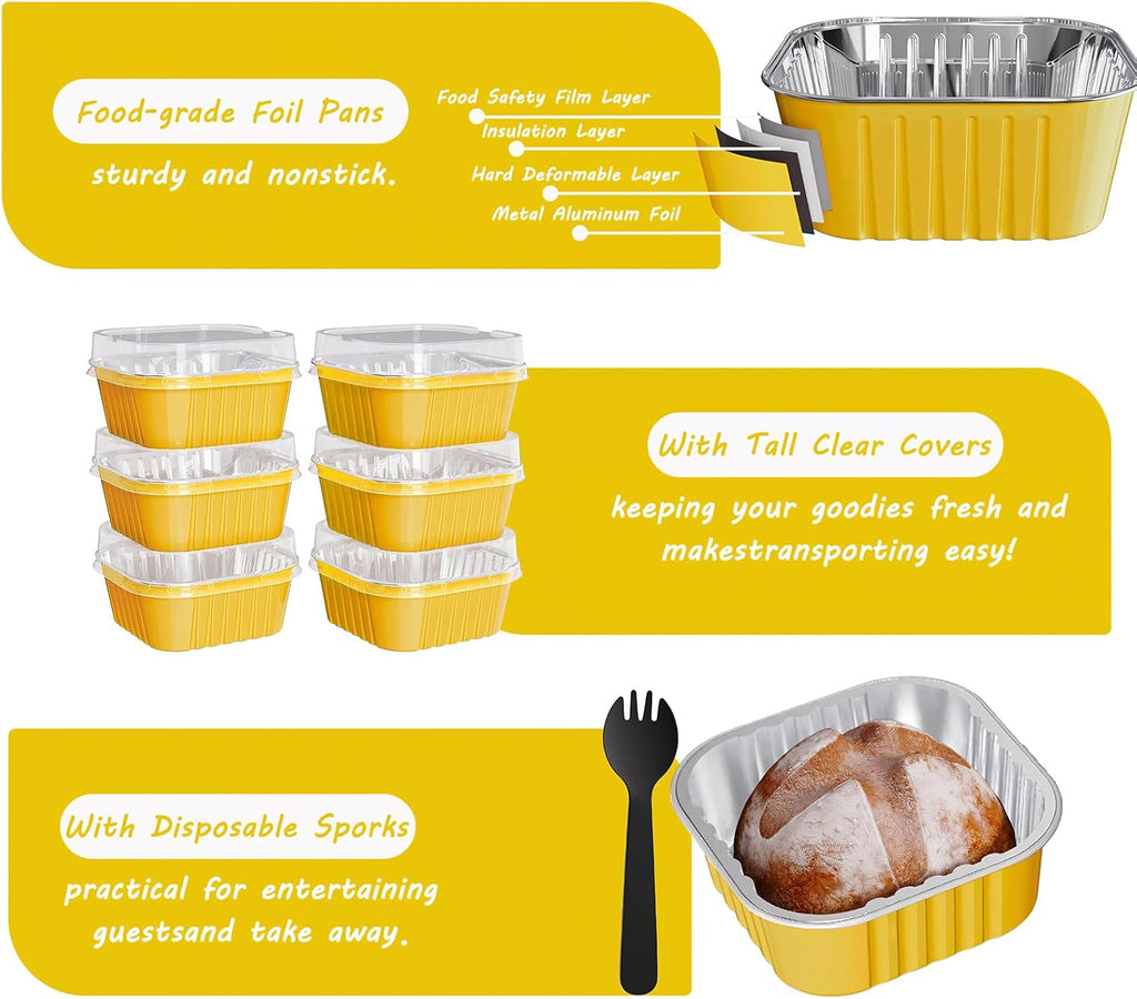 25 Pack Square Mini Cake Pans with Lids,Mini Loaf Pans with Lids,Aluminum Foil Baking Cups,Disposable Ramekins Cupcake Cups,Dessert Cups for Wedding Birthday Party Picnics,5oz (Gold)