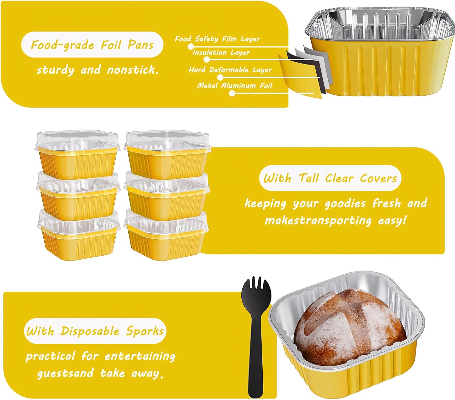 25 Pack Square Mini Cake Pans with Lids,Mini Loaf Pans with Lids,Aluminum Foil Baking Cups,Disposable Ramekins Cupcake Cups,Dessert Cups for Wedding Birthday Party Picnics,5oz (Gold)