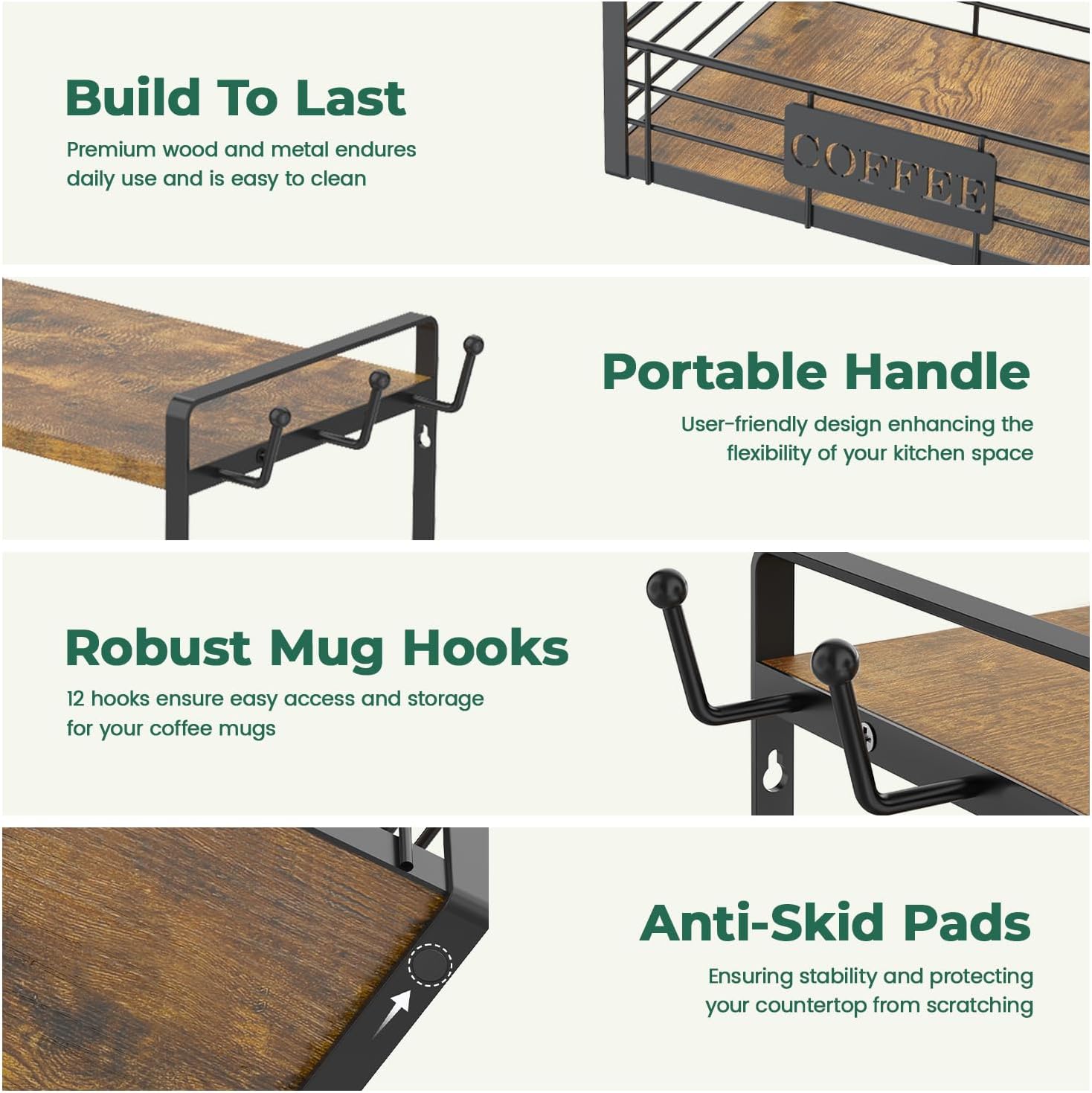 EsLuker.ly Coffee Mug Cup Holder Tree Bar Station Organizer for Countertop, Multi-Functional 2 Tier Mug Stand Rack for Kitchen, Storage Shelf with 12 Hooks, Vintage Brown-Black(Patented Design)