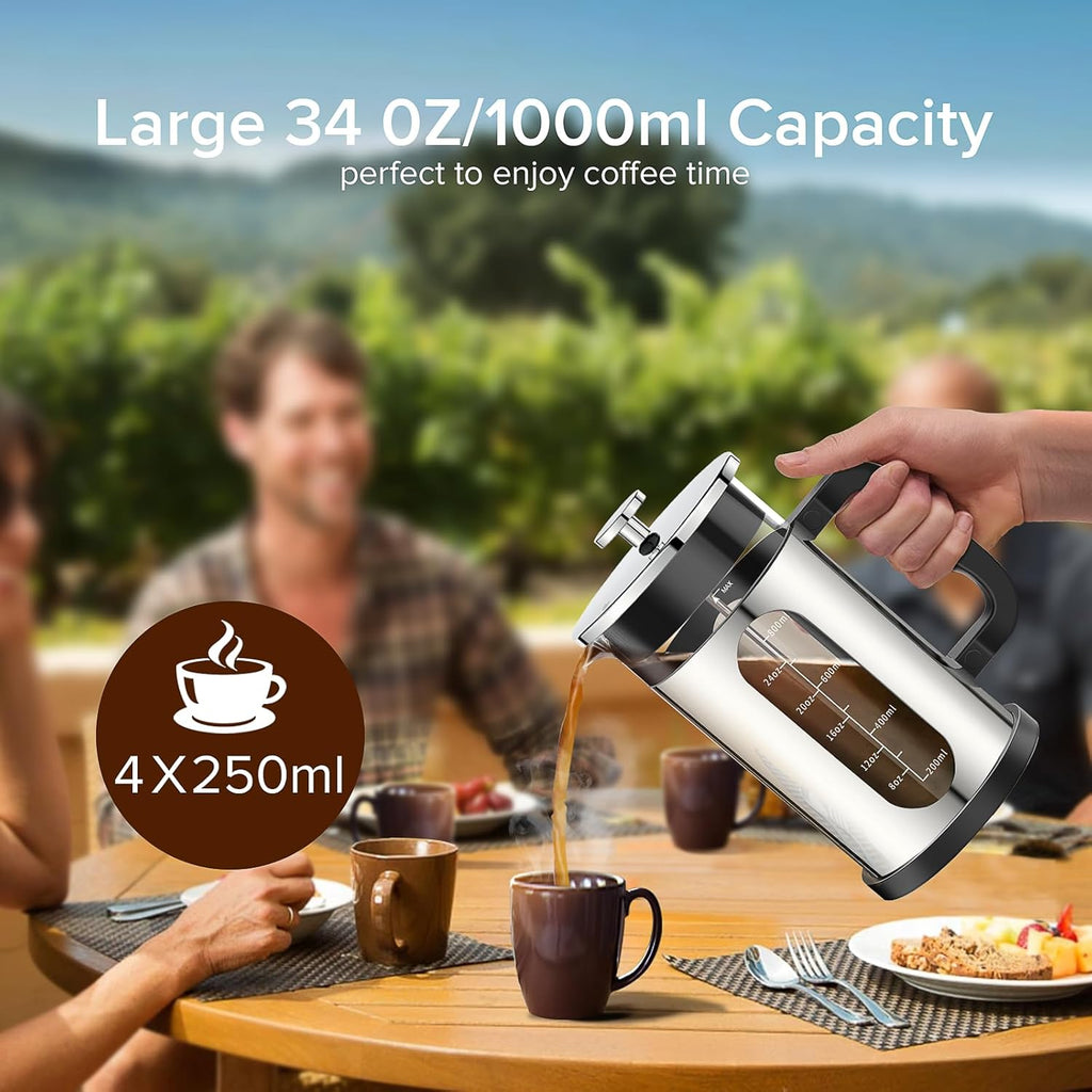 French Press Coffee Maker, 304 Stainless Steel Cold Brew Coffee Maker with 4 Filter, Heat Resistant Borosilicate Glass, Easy to Clean, BPA Free Iced Coffee Maker Rust-Free Coffee Press, 34ounce,Silver