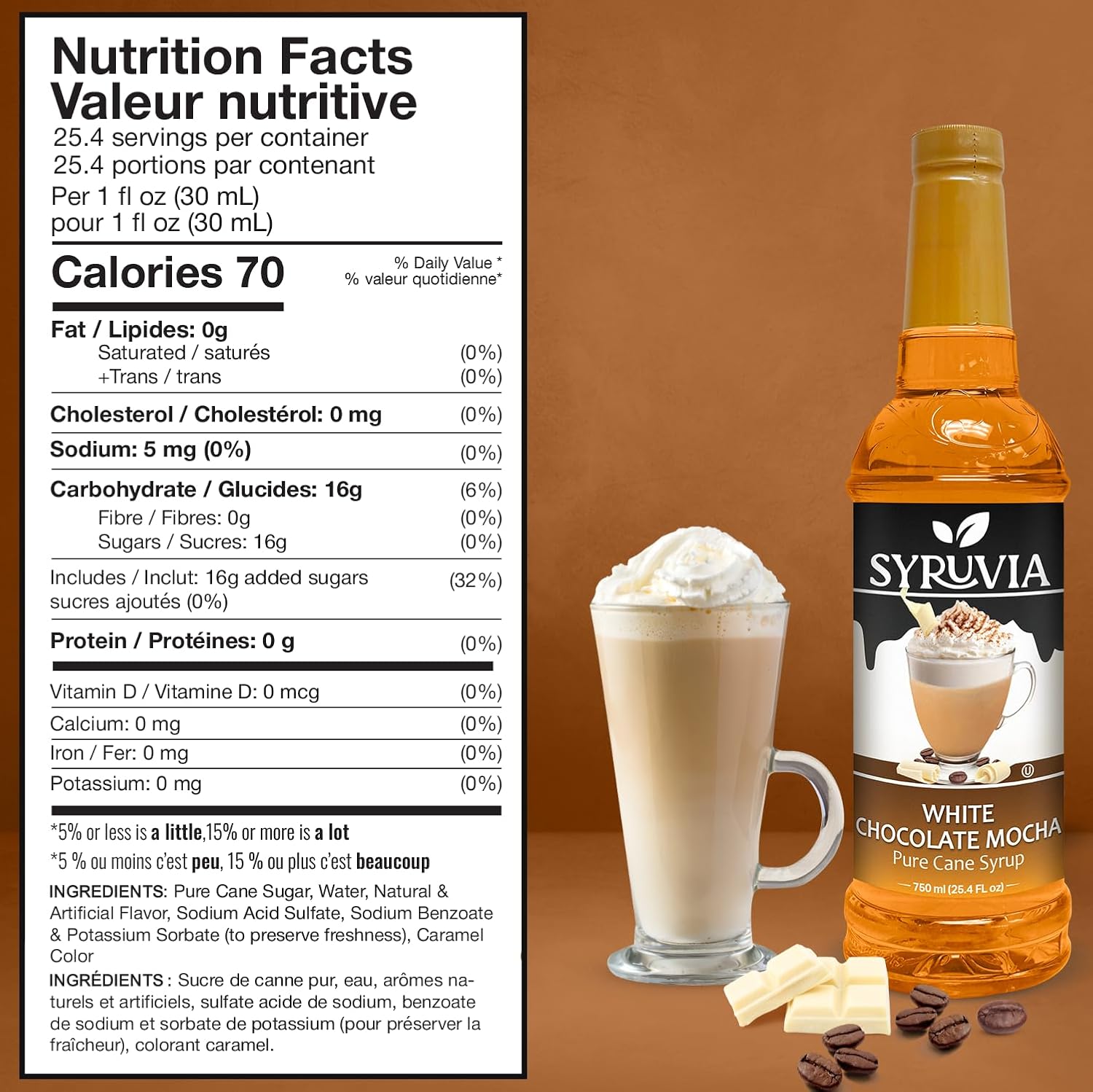 Syruvia White Chocolate Mocha Syrup For Coffee 25.4 Oz. - Kosher & Gluten Free, No Coloring, Perfect for Drinks, Soda, Shakes, Desserts, and More.