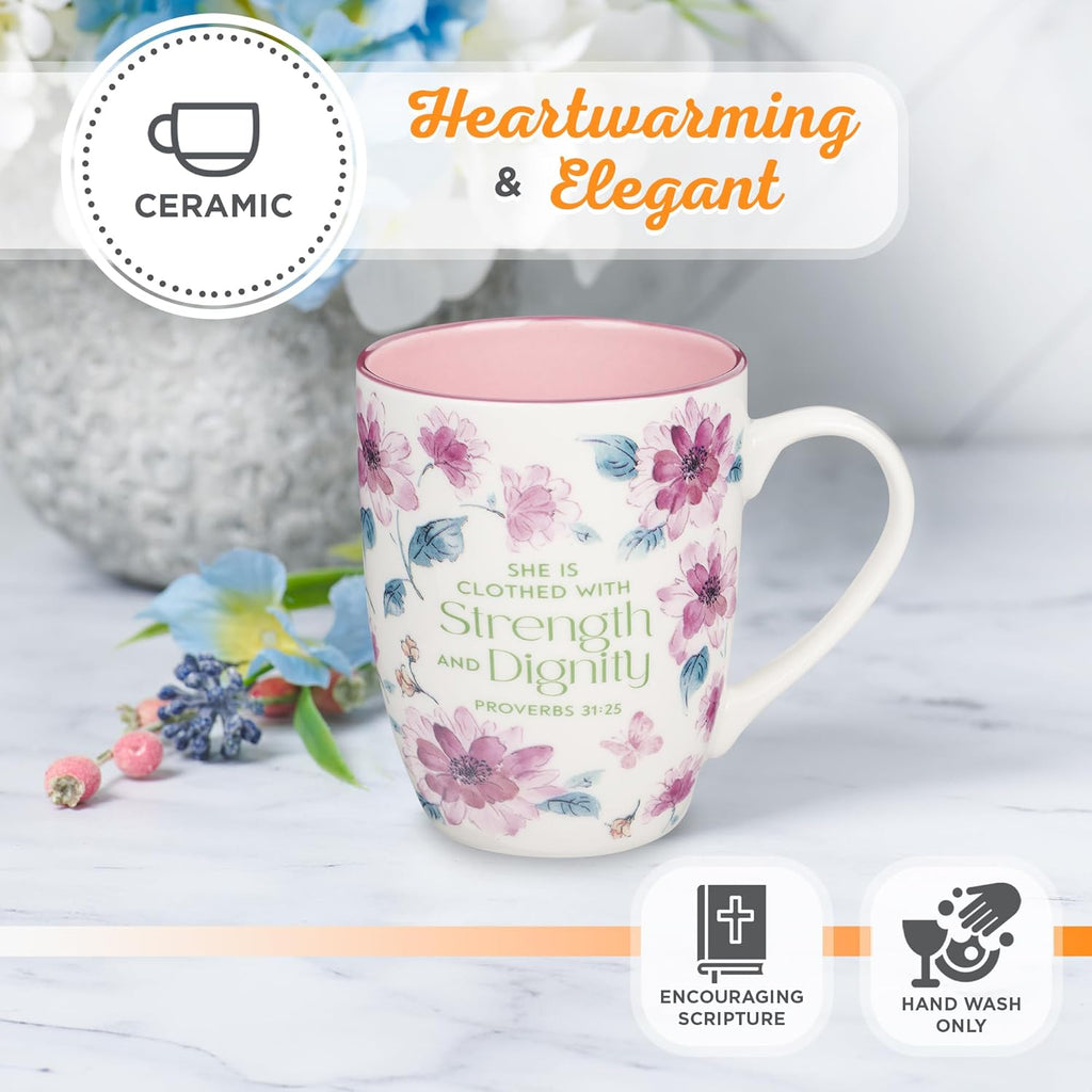 Christian Art Gifts Inspirational Ceramic Coffee & Tea Mug for Women: Strength & Dignity Encouraging Bible Verse Proverb, Microwave & Dishwasher Safe Drinkware, White, Pink & Fuchsia Floral, 12 oz.