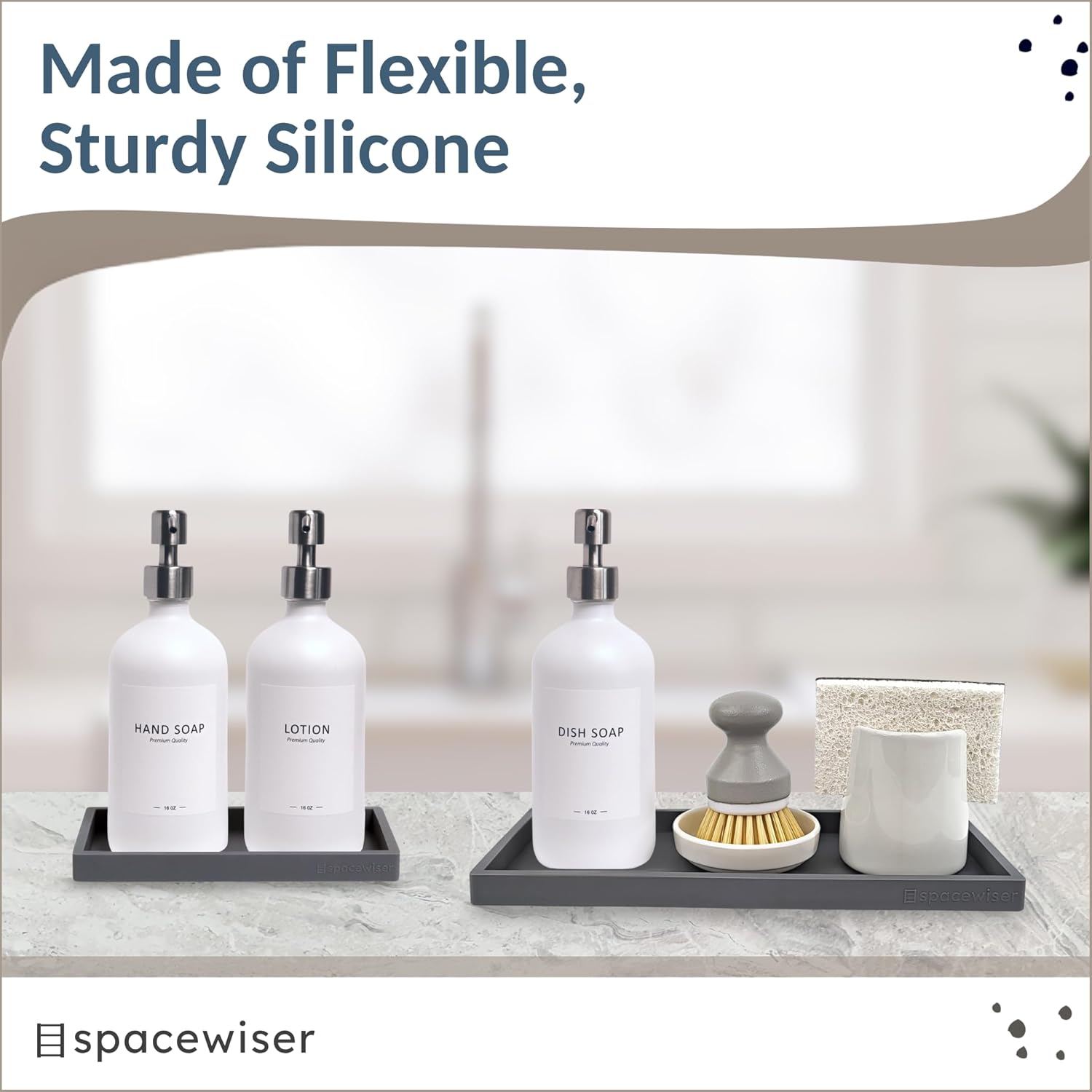 Countertop and Vanity Tray - 2 PC (11” and 7”) Shatterproof Silicone Kitchen and Bathroom Trays for Counter, Kitchen Soap Dispenser Tray, Vanity Trays for Bathroom, Perfume Key Tray