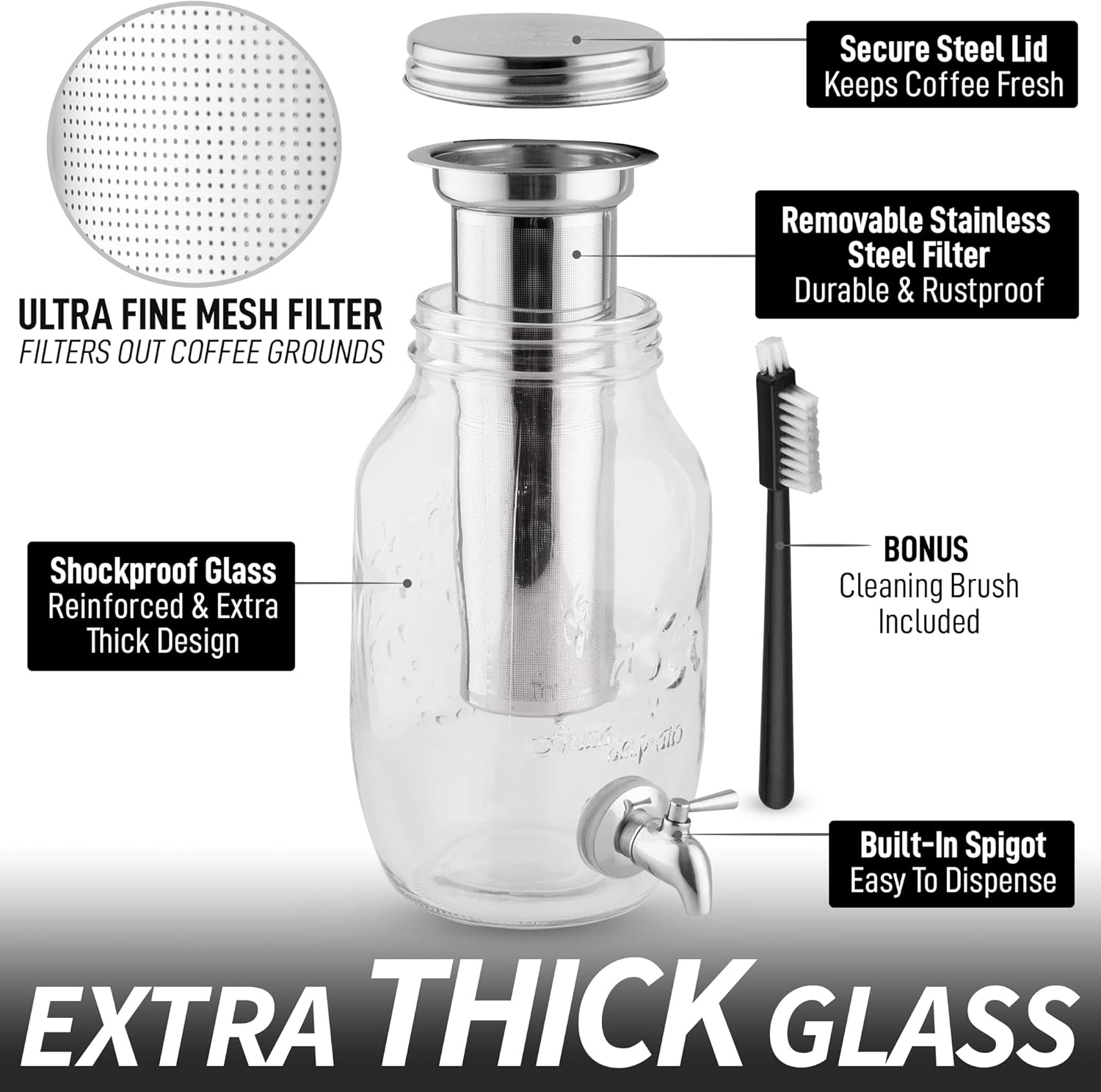 Zulay Kitchen 1.5 Liter Cold Brew Coffee Maker with EXTRA-THICK Glass Carafe & Stainless Steel Mesh Filter - Premium Iced Coffee Maker, Cold Brew Pitcher & Tea Infuser