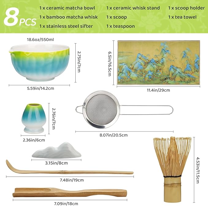 8PCS Matcha Whisk Set, Ceramic Matcha Tea Set Includes Matcha Bowl with Spout, Holder, Bamboo Whisk, Spoon, Sifter, Tea Cloth, Scoop and Scoop Stand (Hammered Gradient Green and Blue)