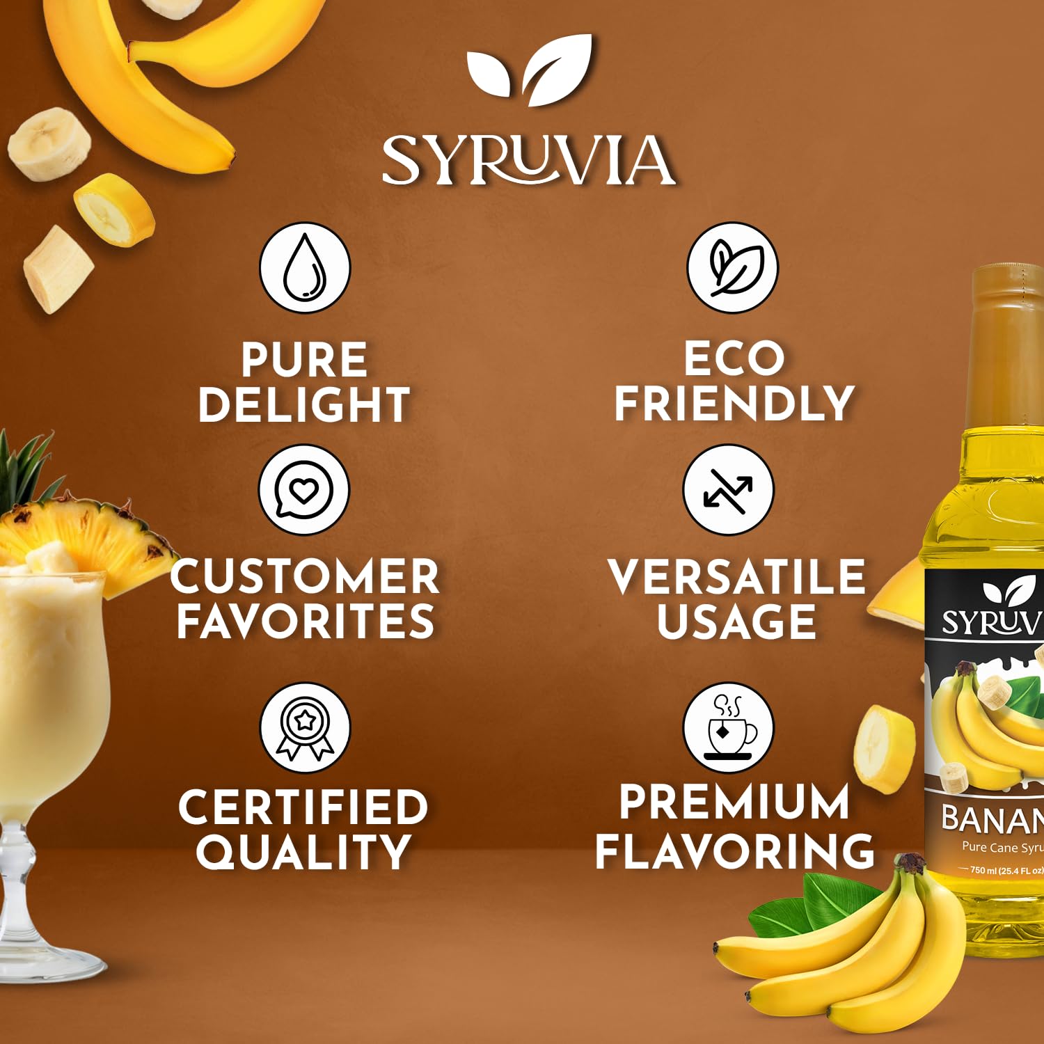 Syruvia Banana Flavored Syrup - 25.4 fl oz - Kosher Flavored Syrups, Gluten Free, No Coloring, Perfect for Drinks, Soda, Shakes, Cocktails, Desserts, and More.