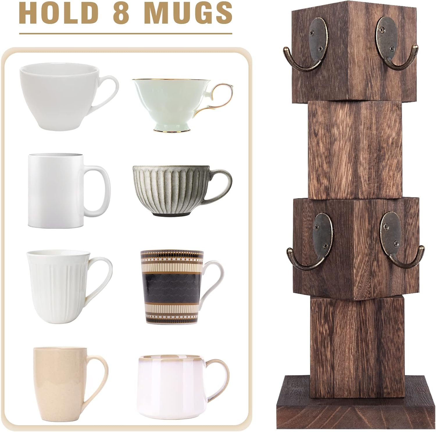 Coffee Mug Holder Tree, Rustic Solid Wood Mug Tree Stand with 8 Hooks, Farmhouse Coffee Cup Holder for Counter, Mug Hanger for Kitchen Organizer, Brown
