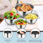 TeamFar Mixing Bowls Set of 6, Stainless Steel Nesting Mixing Salad Bowl with 3 Grater Attachments, for Food Cooking Prepping Storing, Black - Size 4.6/2.6/2 / 1.5/1 / 0.7 QT