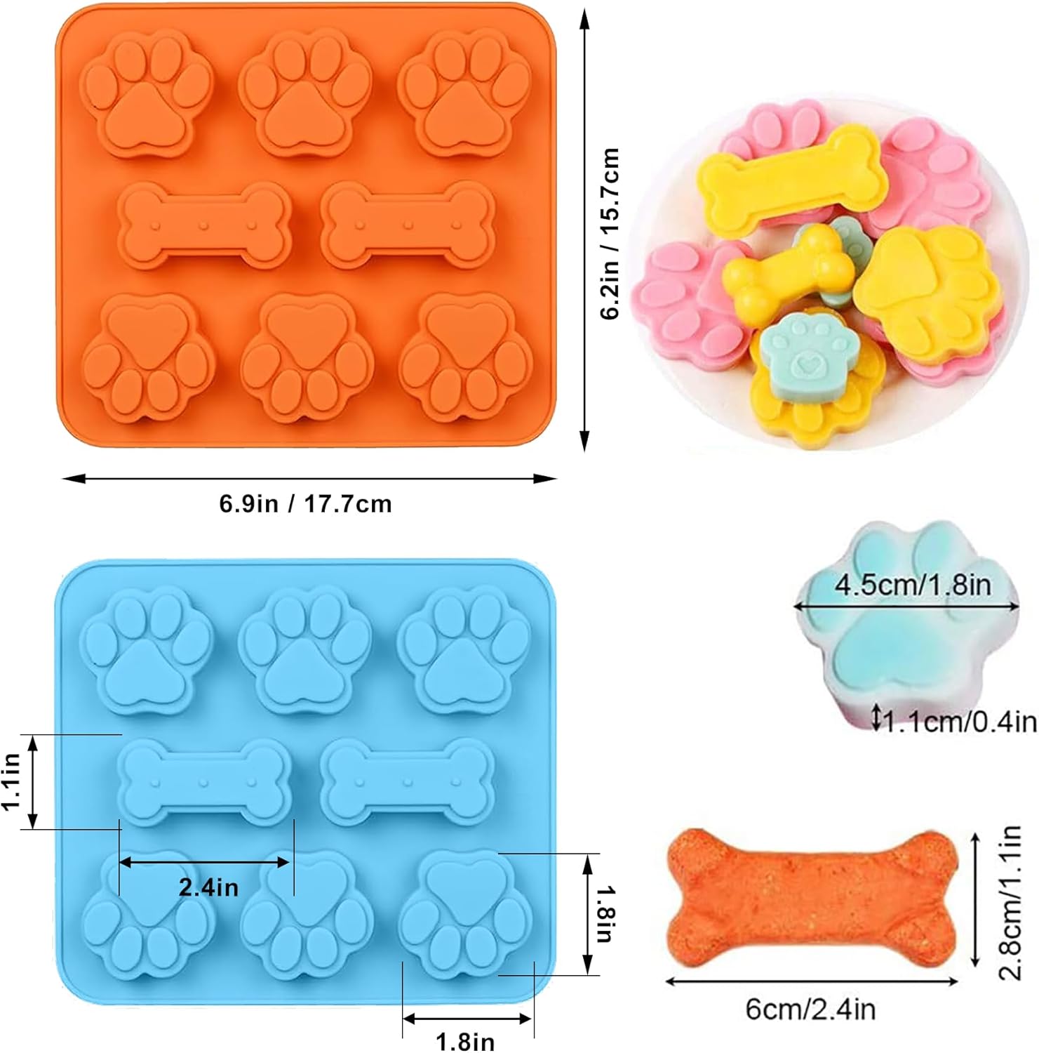 2 in 1 Puppy Dog Paw and Bone Silicone Molds,SAGOOITS Non-Stick Food Grade Silicone Molds for Chocolate, Candy, Jelly, Ice Cube, Dog （Set of 6 PCS)