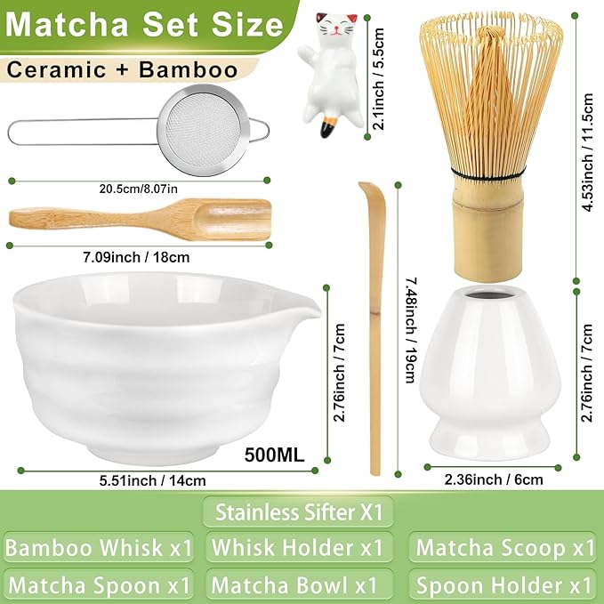 7 Pcs Matcha Whisk Set with Ceramic Bowl, Bamboo Scoop, Whisk, Holder, Sifter, Spoon and Scoop Holder, Tea Kit for Matcha Lover (White)