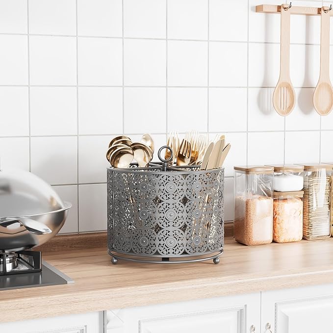 Rotating Utensil Caddy Countertop - Higher Raised Cutlery Caddy Holder - Metal Silverware Caddy Organizer with 4 Compartment for Kitchen Counter Party Office Silver