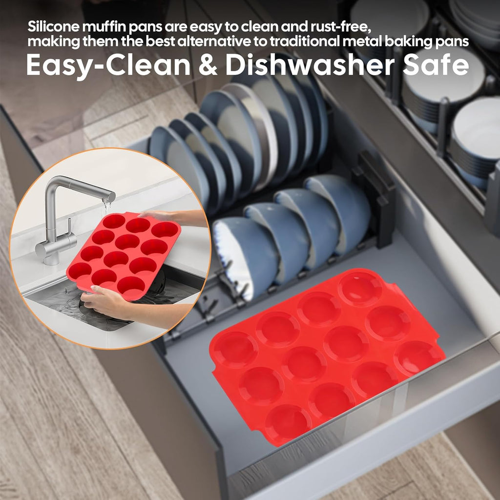 2-Pack Silicone Muffin Pan for Baking – Standard 12-Cup Nonstick Cupcake Pan with Handle, Food-Grade Certified, Odorless, BPA-Free, Silicone Baking Mold for Muffins, Egg Bites, Cupcakes