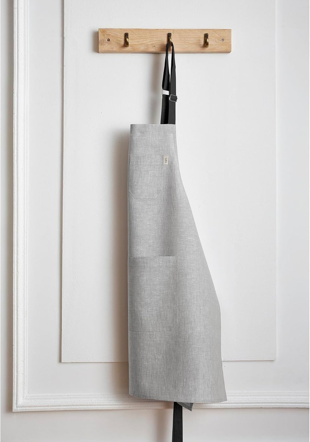 Solino Home Linen Kitchen Apron for Men & Women - 100% Pure Linen Light Grey/Black Bib Apron with Front Pockets - Handcrafted from European Flax