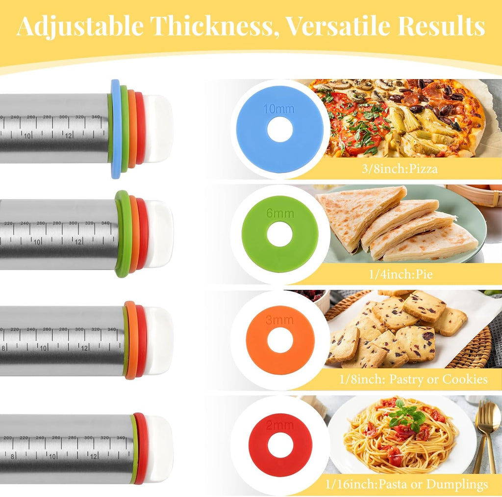 Adjustable Rolling Pin with 4 Thickness Rings for Baking, 17” Stainless Steel Dough Roller with Clear Measurement Markings for Pizza, Fondant, Pie, Cookies, Baking Supplies, Pastry, Pasta
