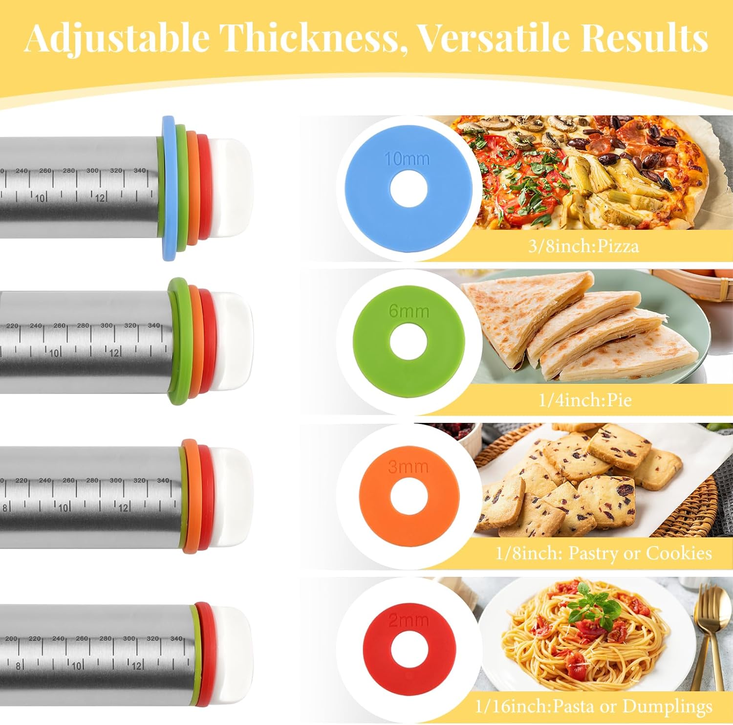 Adjustable Rolling Pin with 4 Thickness Rings for Baking, 17” Stainless Steel Dough Roller with Clear Measurement Markings for Pizza, Fondant, Pie, Cookies, Baking Supplies, Pastry, Pasta