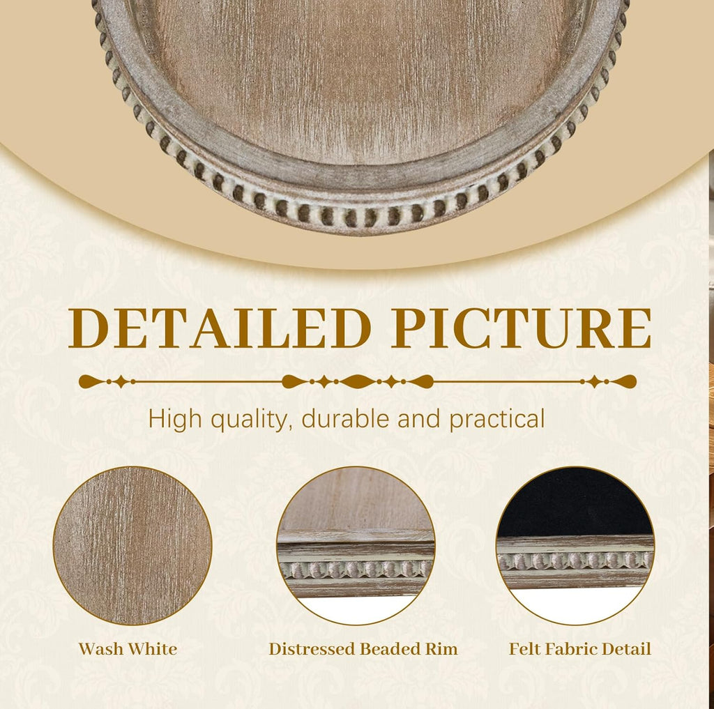 MAONAME Wood Serving Tray, Farmhouse Wooden Tray for Coffee Table, Oval Beaded Trays, Washed White Decorative Trays for Living Room, Kitchen, 15" X 9" X 1.2"