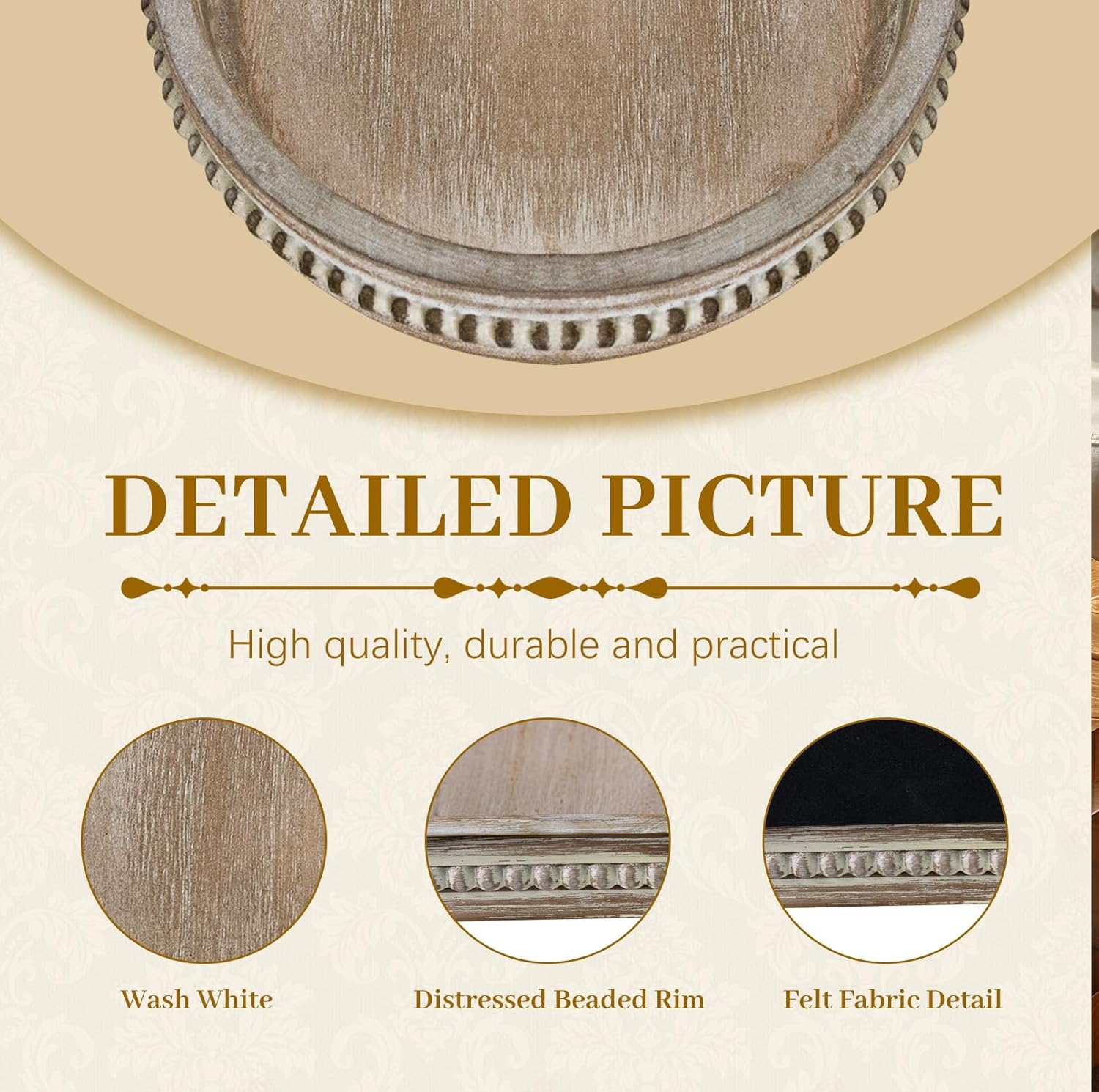 MAONAME Wood Serving Tray, Farmhouse Wooden Tray for Coffee Table, Oval Beaded Trays, Washed White Decorative Trays for Living Room, Kitchen, 15" X 9" X 1.2"