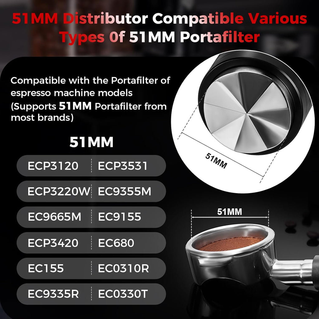 IKAPE 51MM Newly Upgrade Espresso Coffee Distributor, Coffee Dual-Bearing & High-Speed Distribution Tools, Adaptive Height Coffee Tamper Leveler for 51mm Portafilters