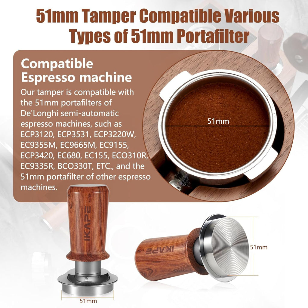 IKAPE 51mm Espresso Coffee Tamper, Spring-loaded Calibrated Tamper with Premium Stainless Steel, Walnut Wooden-Handle Tamper Compatible with All 51mm Espresso Machine Bottomless Portafilter