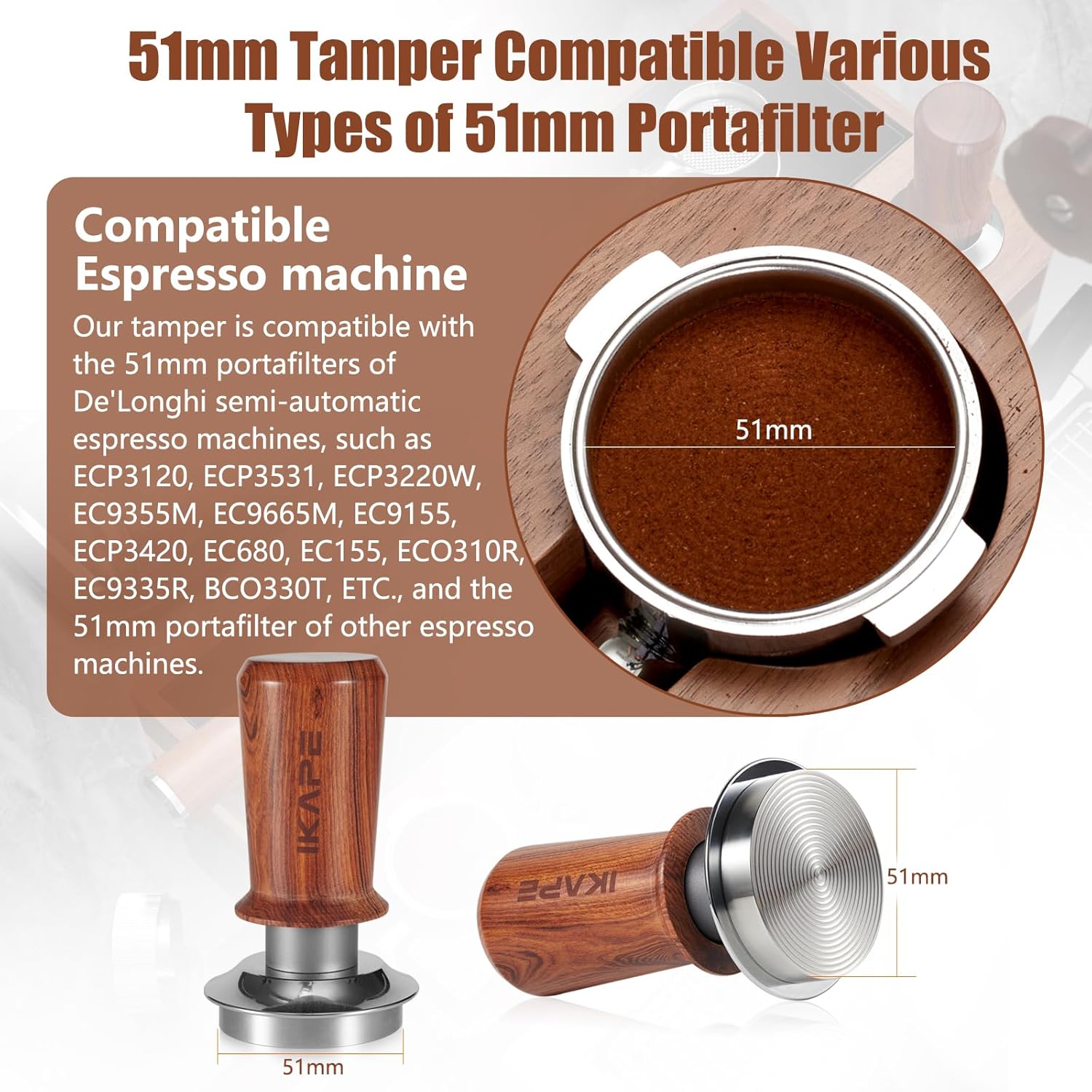 IKAPE 51mm Espresso Coffee Tamper, Spring-loaded Calibrated Tamper with Premium Stainless Steel, Walnut Wooden-Handle Tamper Compatible with All 51mm Espresso Machine Bottomless Portafilter
