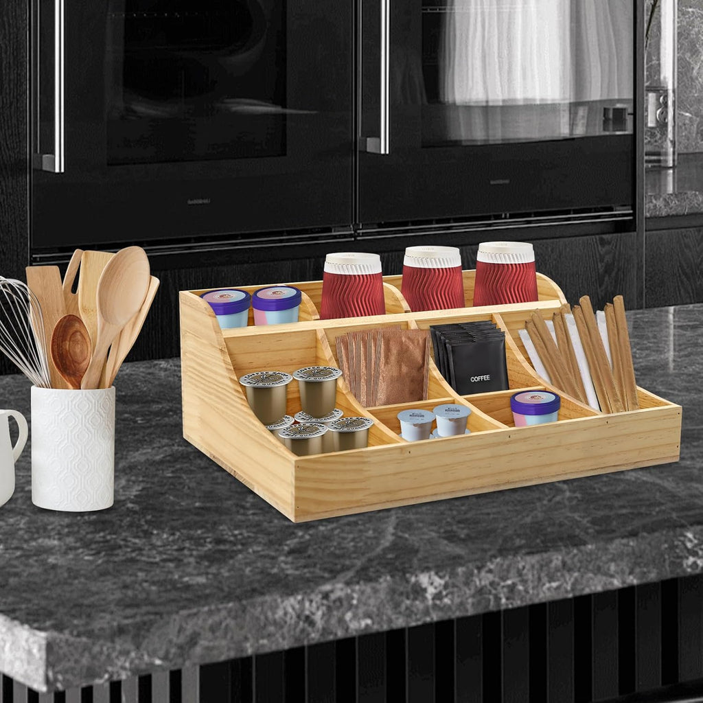 Coffee Bar Organizer for Countertop, Wooden Condiment Organizer Coffee Station Organizer Coffee Cup Pod Holder, Coffee Bar Organizer for Home Office Cafe, 9 Compartment, Wood Color
