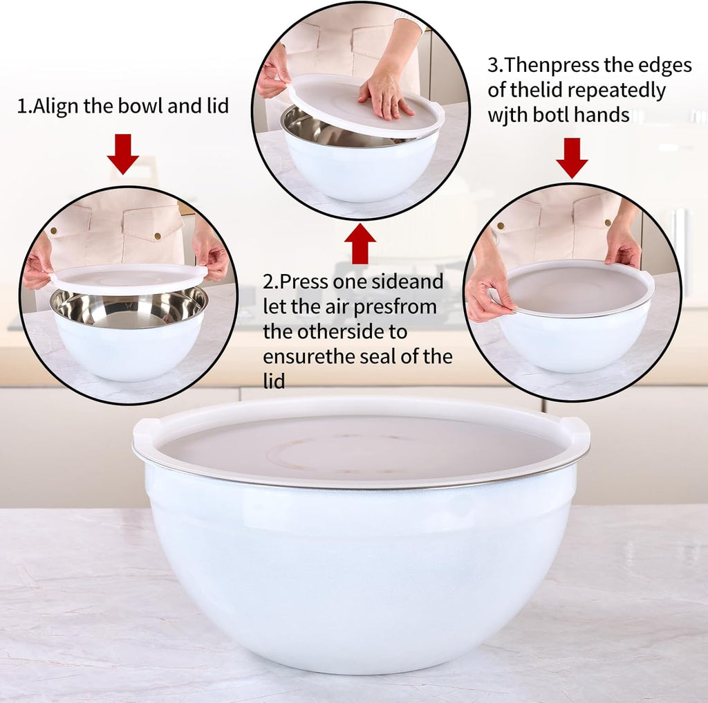 White Mixing Bowls with Lids Set of 7, Stainless Steel Nesting Bowl with Khaki Lid for Non-slip Mixing Prepping Storing Serving, 7 Sizes-7/3.6/2.7/2.1/1.5/1/0.8 QT