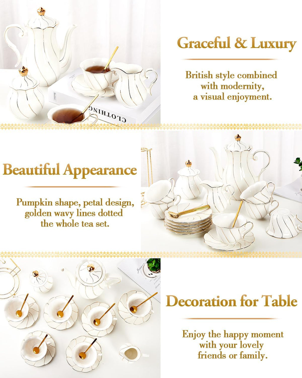 DUJUST 22 pcs White Porcelain Tea Set for 6, Luxury British Style Tea/Coffee Cup Set with Golden Trim, Beautiful Tea Set for Women, Tea Party Set, Gift Package (With a Stand)