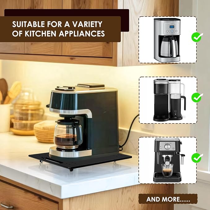 360° Sliding Tray for Coffee Maker & Kitchen Appliances - Silent Rubber Wheels, Acrylic Organizer Tray for Under Cabinet - Space Saving Countertop Accessory, 9.8x14 Inch (Black)