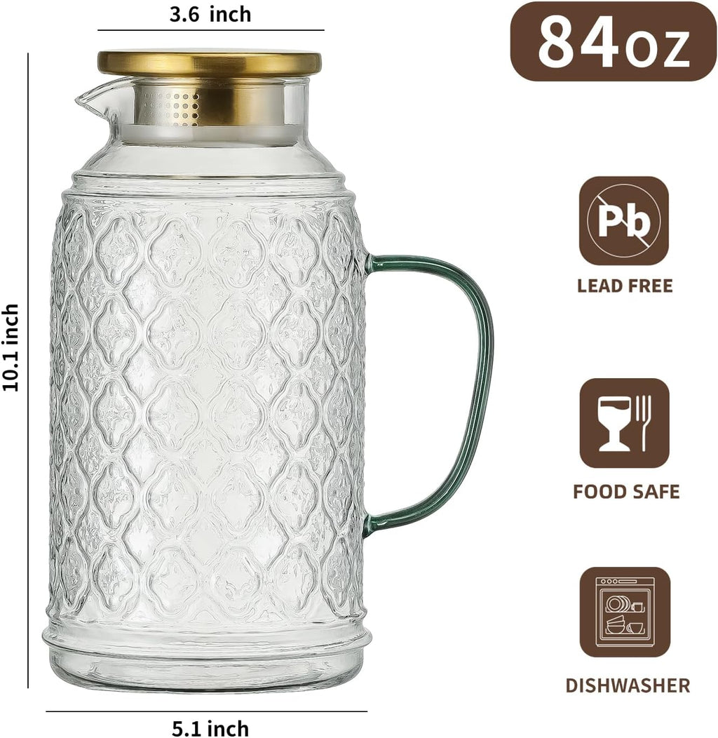 Glass Pitcher with Lid,84 oz/2.5 Liter Vintage Water Pitcher, Clear Borosilicate Glass Water Carafe for Cold Brew, Coffee, Lemonade, Iced Tea, Juice, Beverage, Heat Resistant Water Glass Jug