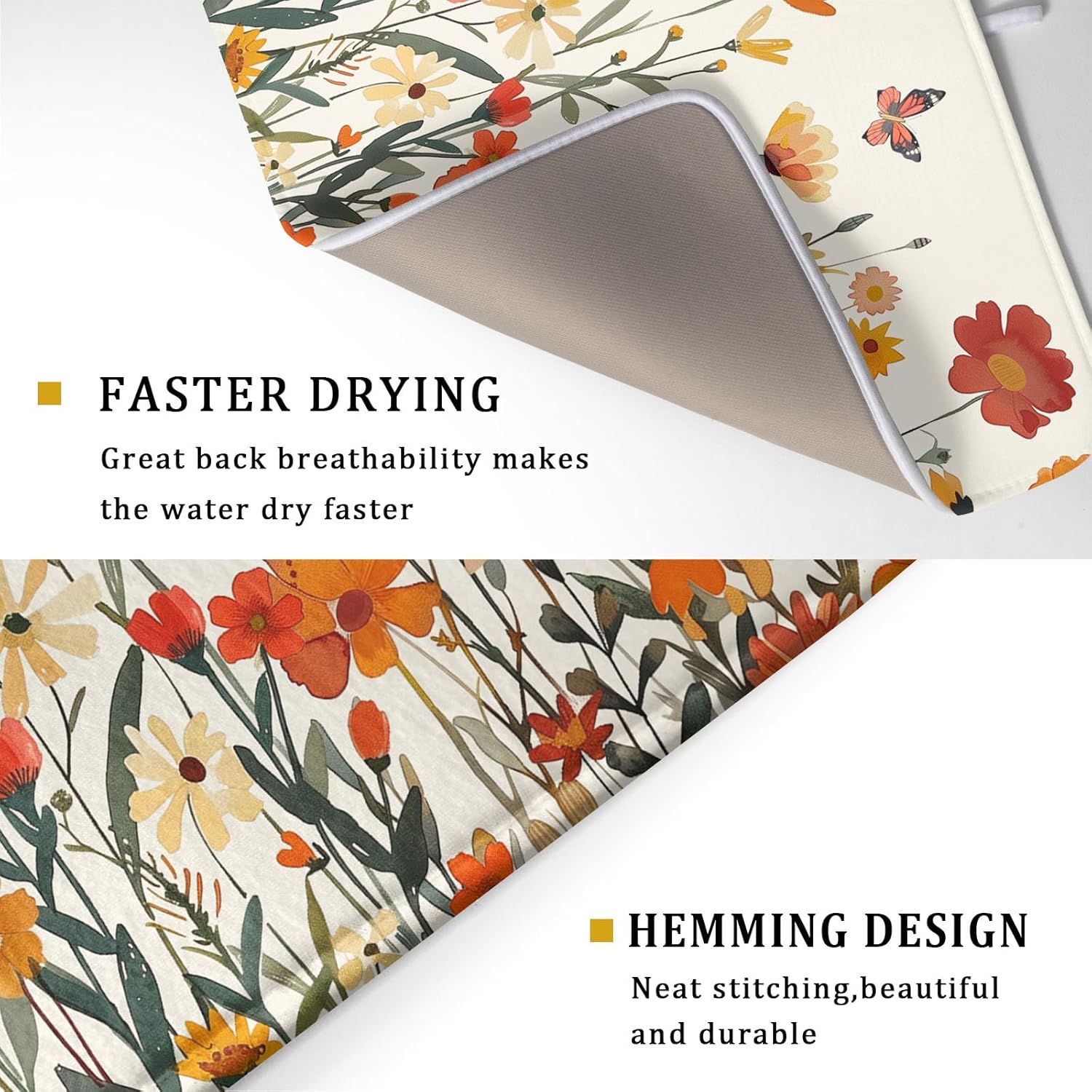 Fall Orange Wildflower Dish Drying Mat for Kitchen Counter,Autumn Floral Butterflies Drying Mat 18 x 24 Inch with Absorbent Reversible Microfiber Dish Drying Pad Dish Pad for Coffee Bar