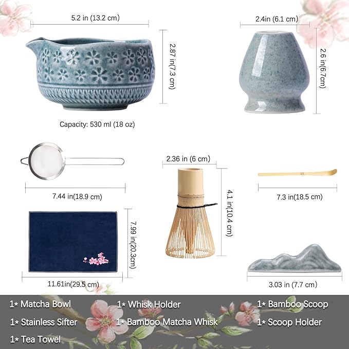 Matcha Whisk Set, Ceramic Matcha Kit Includes Matcha Bowl, Matcha Whisk and Holder, Bamboo Scoop, Scoop Rest, Sifter and Tea Towel - 7 Pcs Matcha Kit for Matcha Lovers (Blue)