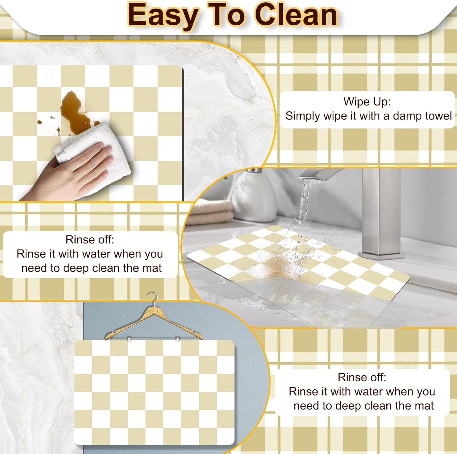 Checkered Dish Drying Mat for Kitchen, 15.7'' x 23.6'' Coffee Bar Mat for Countertops, Coffee Station Mats with Non-slip Rubber Backed, Absorbent Dish Dying Mat for Kitchen Counter, Beige & White