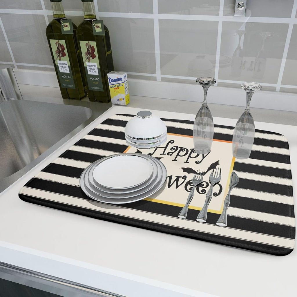 Happy Halloween Bats Dish Drying Mat for Kitchen Counter,Black and White Stripe Drying Mat 18 x 24 Inch with High Absorbent Microfiber Dish Drying Pad Dish Rack Pad Drainer Mat for Coffee Bar